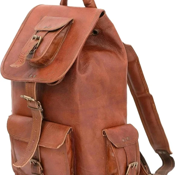 28" Genuine Men Rucksack Sling Real Bag Backpack Leather Travel Vintage - Picture 5 of 5